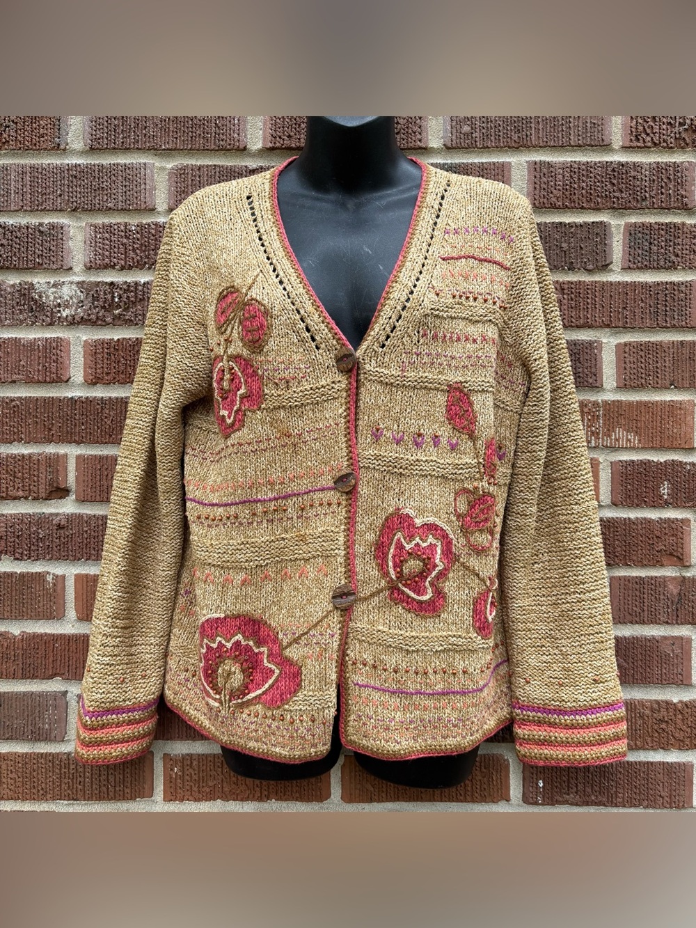Sigrid Olsen Sport Sz M Vintage Women's Hand Knitted Cottagecore Silk Cardigan - Picture 2 of 10